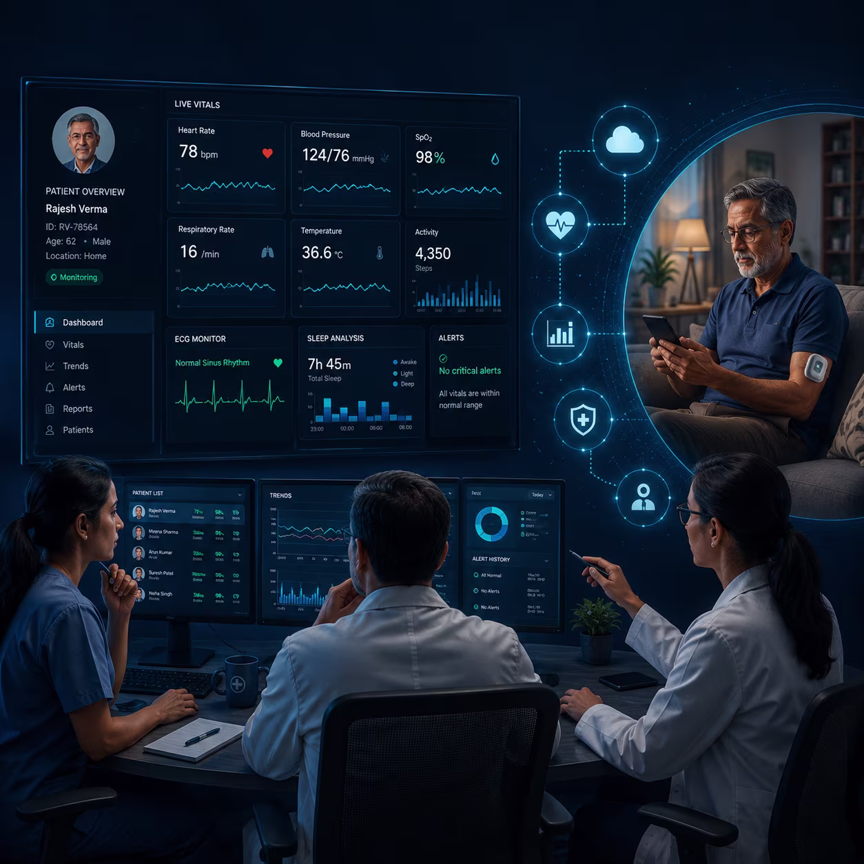 Clinical monitoring desk with live patient vitals